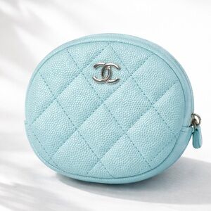 Chanel Caviar Quilted Zip Around Classic O-Coin Purse Rare Tiffany blue